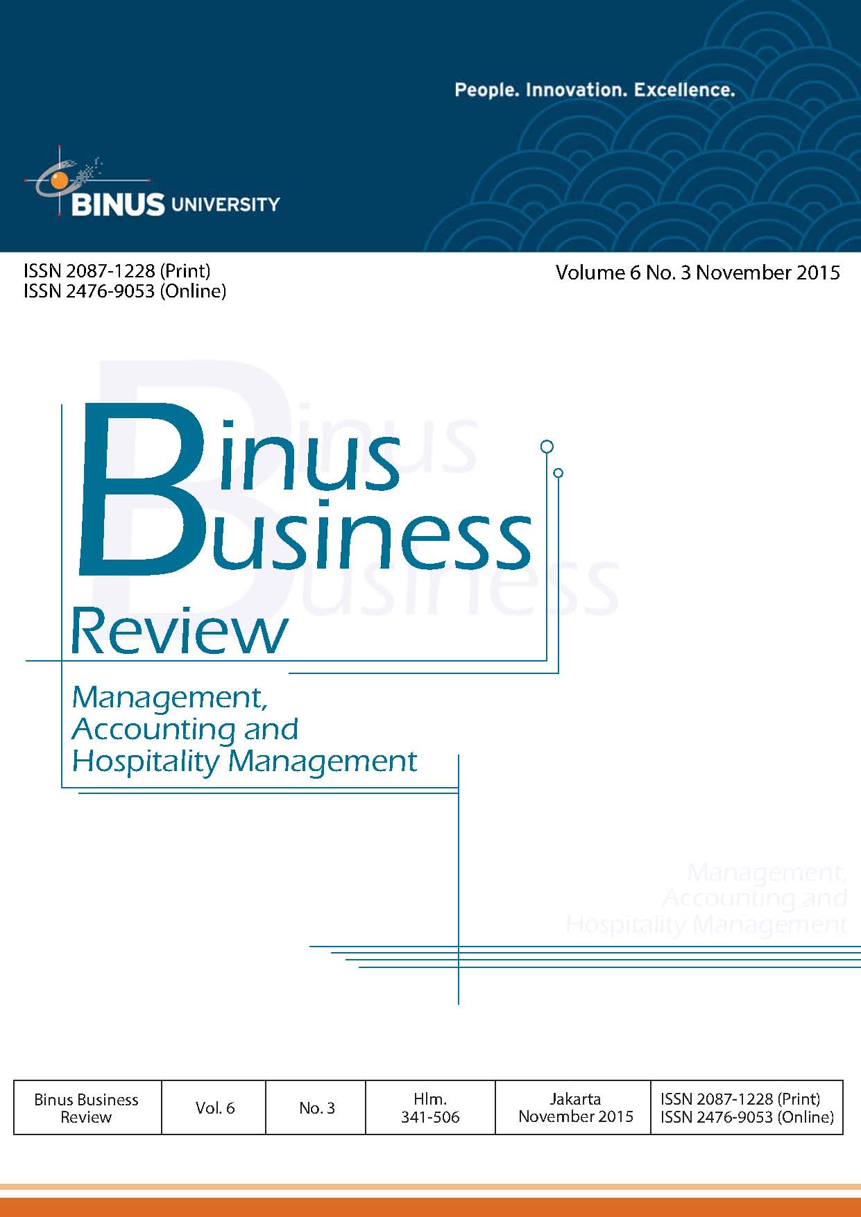 					View Vol. 6 No. 3 (2015): Binus Business Review
				