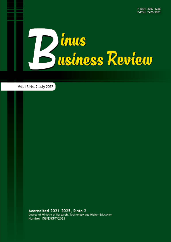 					View Vol. 13 No. 2 (2022): Binus Business Review (in press)
				