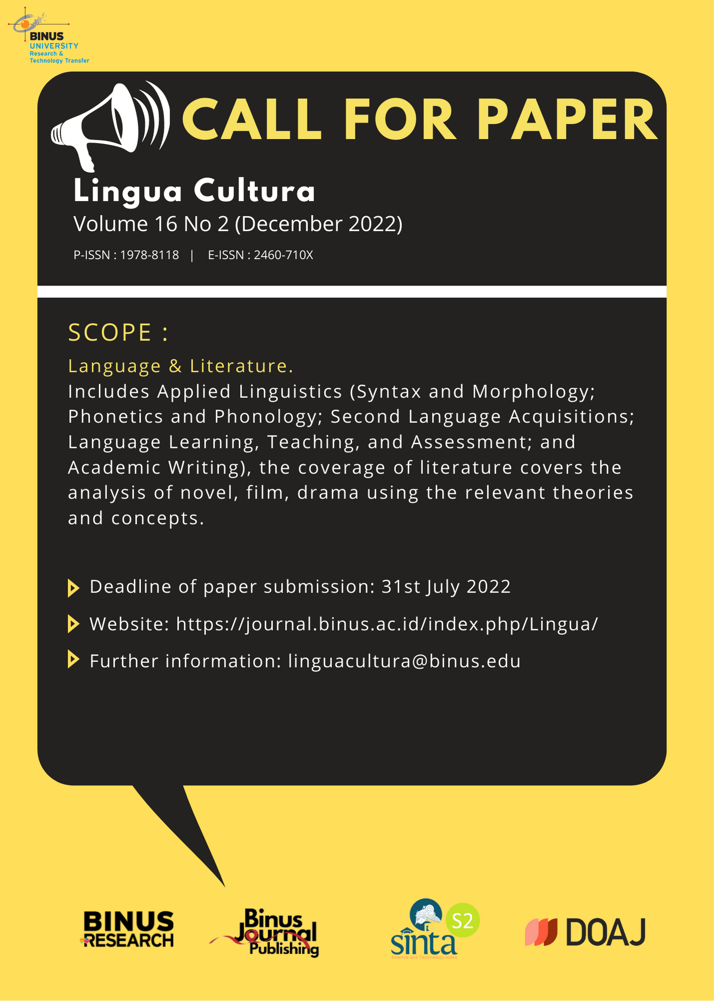 Call For Paper Lingua Cultura Vol. 16 No. 2